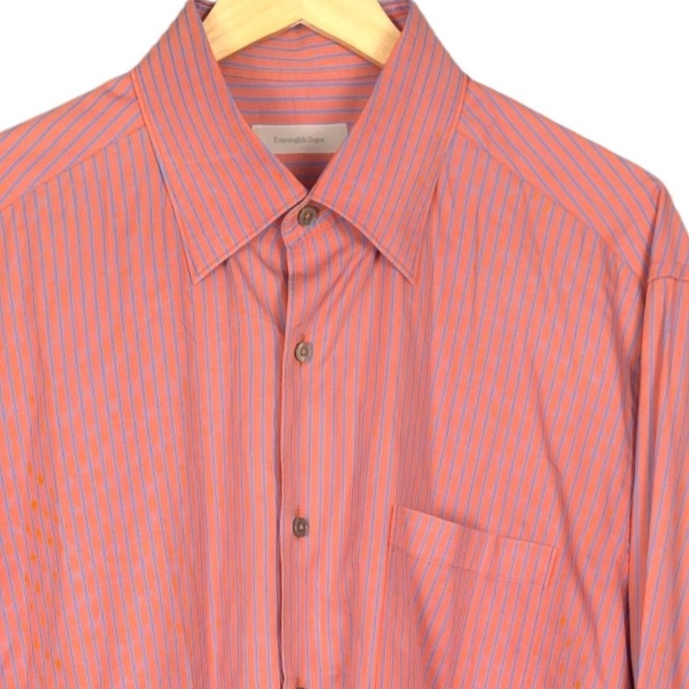 Ermenegildo Zegna Button Up Shirt Mens XXL Coral Orange Blue Stripe Long Sleeve
